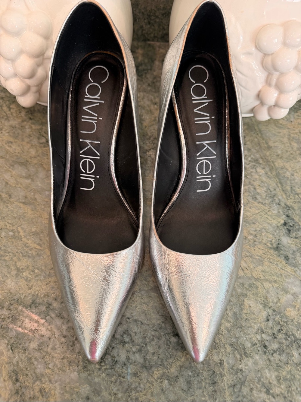 Calvin Klein Silver Metallic Pointed Toe Pumps Size 10 4” Heel
